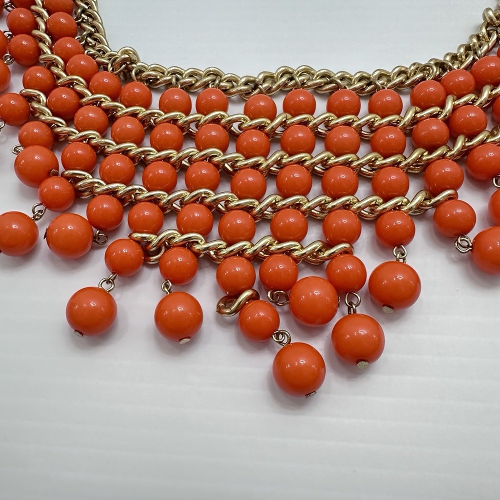 LUCIA Signed Orange Beaded Statement Necklace Gold Tone Bib Fringe Chunky Bold - Picture 4 of 10